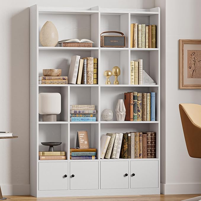 IRONCK Bookshelves and Bookcase, 6 Tiers Large Bookshelf with 4 Doors, Floor Standing Tall Display Storage Shelves for Home Office, Living Room, Bedroom, White-DeskLoop Office
