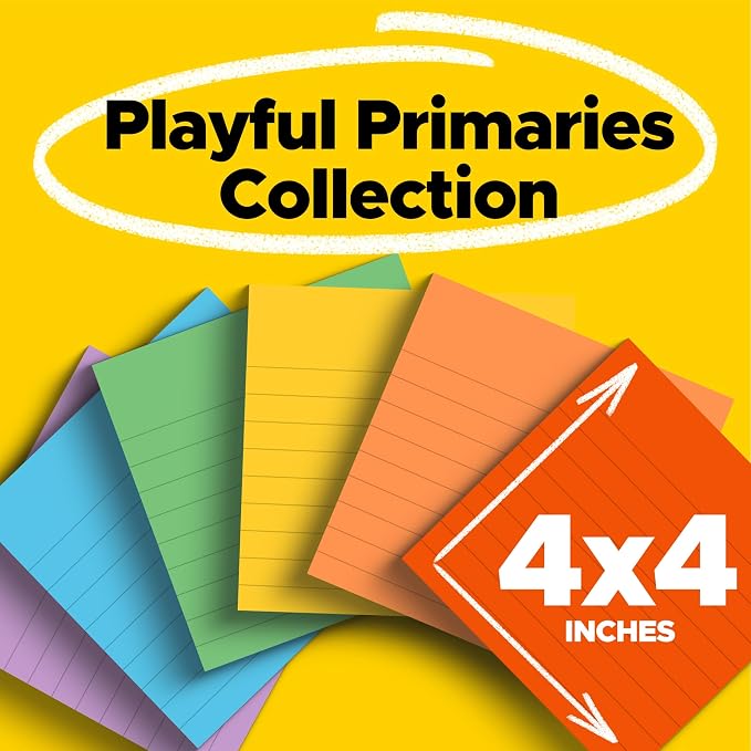 Post-it Super Sticky Notes, 4 x 4 in, Playful Primaries, 6 Lined Pads | School - Image 2