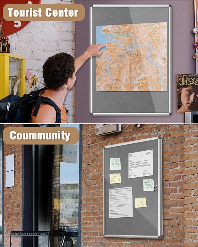 38"x28" Enclosed Bulletin Board, Lockable Weather-Resistant Aluminum Cork Noticeboard for School & Office, Silver Frame w/Grey Flet-DeskLoop Office