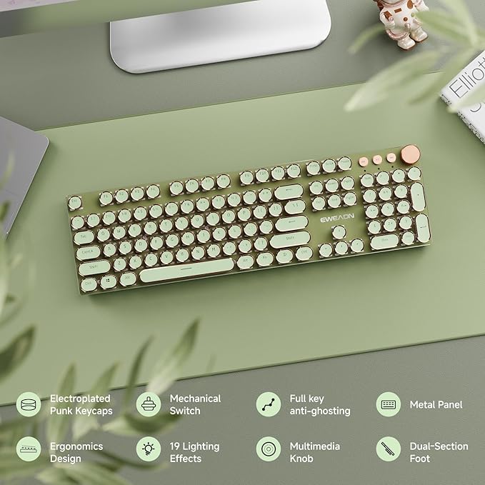 EWEADN Typewriter Style Mechanical Gaming Keyboard, Wired Mechanical Keyboards,104 Keys Backlit LED Keyboards, Media Control Knob, Wired Computer Keyboard Pink Switch for Windows/Mac/PC-Green-DeskLoop Office