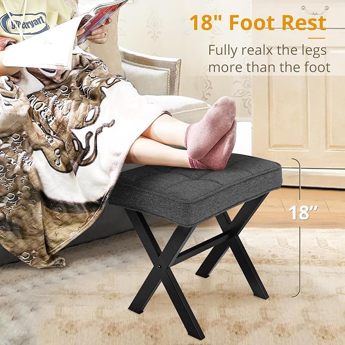 LUE BONA Vanity Stool, Square Linen Makeup Stool - Image 4
