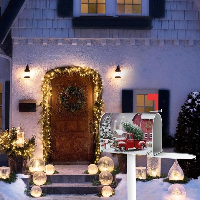 Winter Red Truck Christmas Tree Mailbox Cover, Cute Snowman Magnetic Mailbox - Image 4