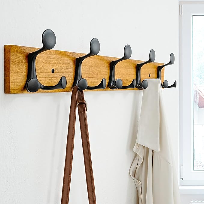 SKOLOO 24-Inch Light Brown Wood Coat Rack Wall Mount with 5 Triple Hooks - Ideal for Family Entrances, Classrooms, and Pet Supplies Storage - Perfect Coat Hooks for Wall-DeskLoop Office