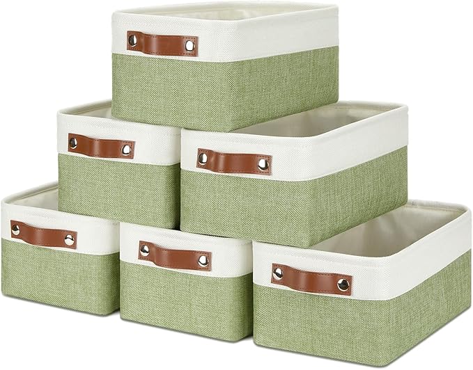 DULLEMELO Storage Baskets for Shelves, Small Fabric Collapsible Rectangular Storage Baskets for Organizing, Closets, Nursery, Home, Office, Empty Gift Baskets (6-Pack, White&Green)-DeskLoop Office