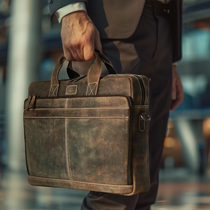 LEATHER VILLAGE 18" Leather Laptop Messenger Briefcase Bag for Men-Leather Satchel for Travel and Office Shoulder Bag-Rustic Brown