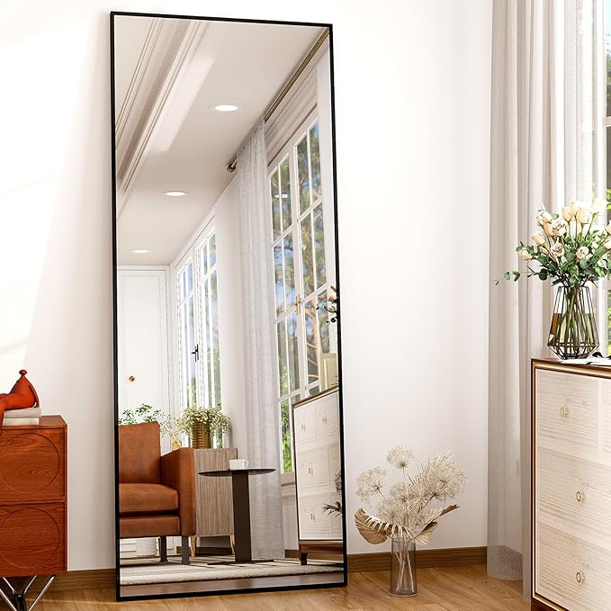 Full Length Mirror 64"x21" Black, Rectangle Wall-Mounted or Standing Full Body Mirror for Bedroom, Living Room, Dressing Floor Mirror-DeskLoop Office