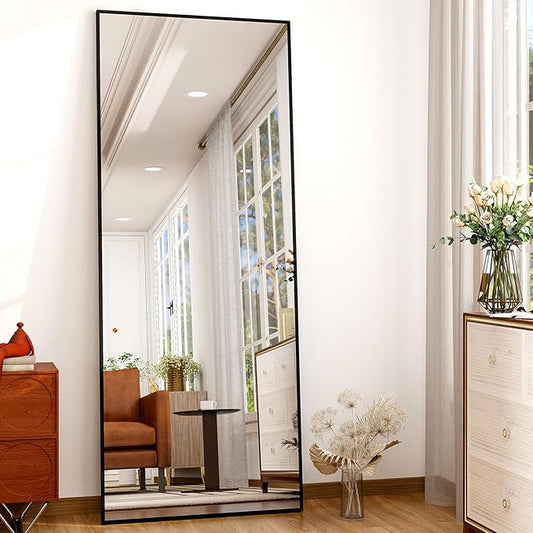 Full Length Mirror 64"x21" Black, Rectangle Wall-Mounted or Standing Full Body Mirror for Bedroom, Living Room, Dressing Floor Mirror-DeskLoop Office