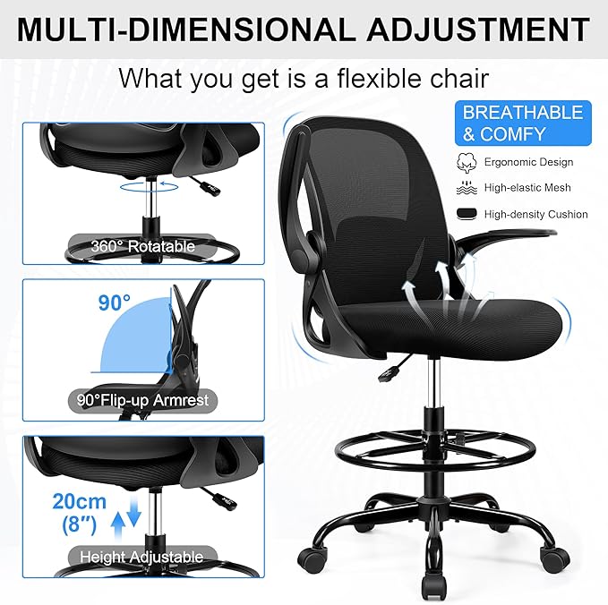 Drafting Chair Tall Office Chair with Flip-up Armrests, Adjustable Height, and Enhanced Lumbar Support - Ergonomic Rolling Stool, Back Support, and Adjustable Foot Rest Ring for Standing Desk Black-DeskLoop Office