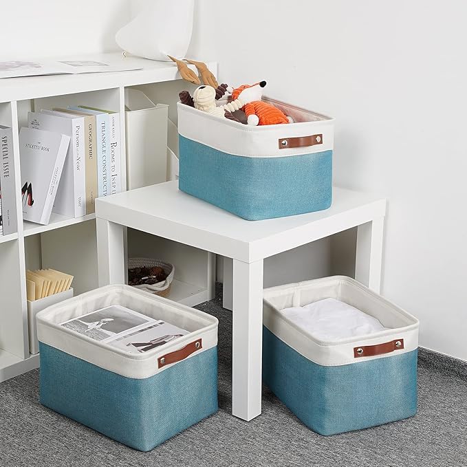DULLEMELO Storage Baskets for Shelves, Fabric Collapsible Rectangular Storage Bins for Shelves, Closets, Nursery, Home, Empty Gift Baskets (3-Pack Medium-15 inch X 11 inch X 9.5 inch , White&Teal)-DeskLoop Office