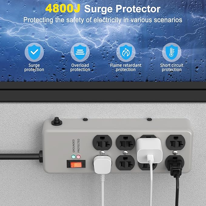 HEZI 20A Power Strip Surge Protector Durable Metal 8-Outlet with Heavy Duty 20 Amp Extension Cord,12 Gauge for Garage,Workshop & Industrial Use with 6-20R T-Slot Outlets,4800J(Grey,10FT)-DeskLoop Office