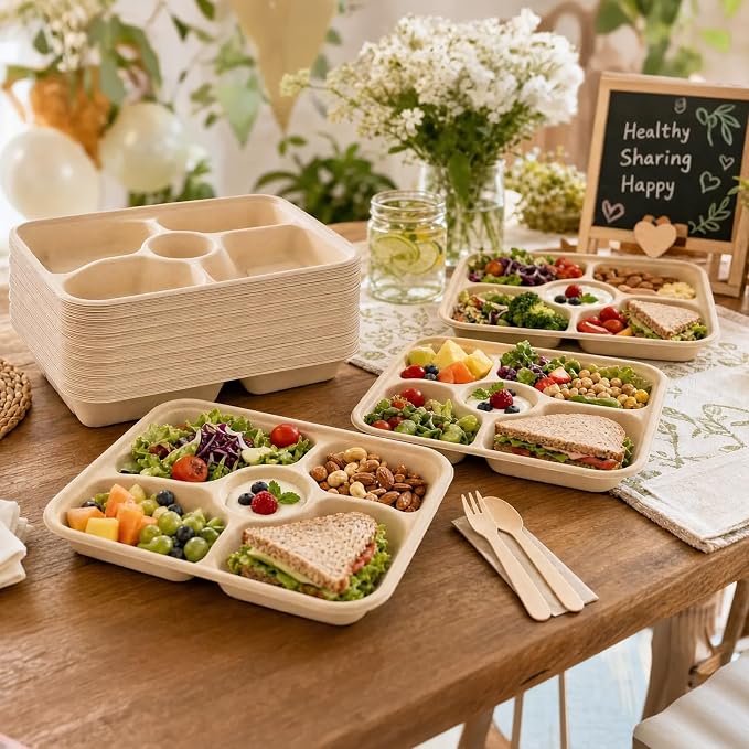 60Pack 5 Compartment Disposable Paper Plates - Image 6