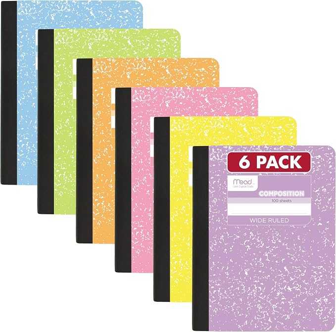 Mead Composition Notebook, Wide Ruled 7.5" x 9.75" Paper, 100 Sheets, 6 Pack by Mead
