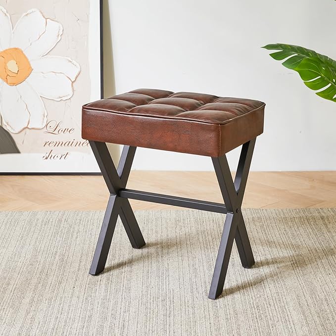 IBUYKE Square Makeup Stool with X-Leg Foot Rest, PU Footrest, Ottoman Seat Vanity Stool, Multi-Use as Small Side Table, for Bedroom, Living Room, Dark Brown LG-71Z-DeskLoop Office