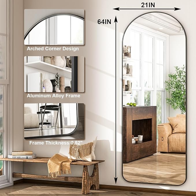 HARRITPURE Arched Full Length Mirror - 64" x 21" Large Floor Mirror Aluminum Frame Dressing Mirror with Stand for Bedroom/Living Room Wall Mounted, Black-DeskLoop Office