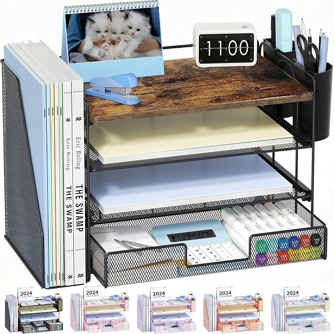 OPNICE Wood Desk Organizers and Accessories, 4-Tier Desktop File Organizer by OPNICE