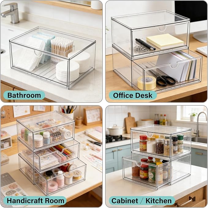 Prsildan Acrylic Makeup Organizer, 2 Pack Stackable Clear Storage Drawers - Image 4