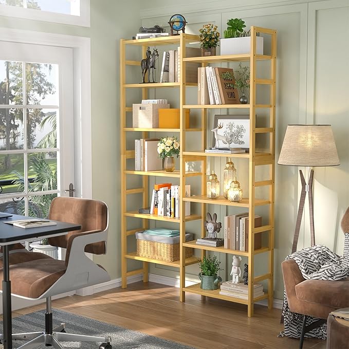 Homykic Double Wide Bamboo Bookshelf, 6-Tier Large Open Bookcase with 12 Display Shelves, 6ft Tall Freestanding Book Shelf for Home Office, Bedroom, Living Room, Plants, Natural-DeskLoop Office