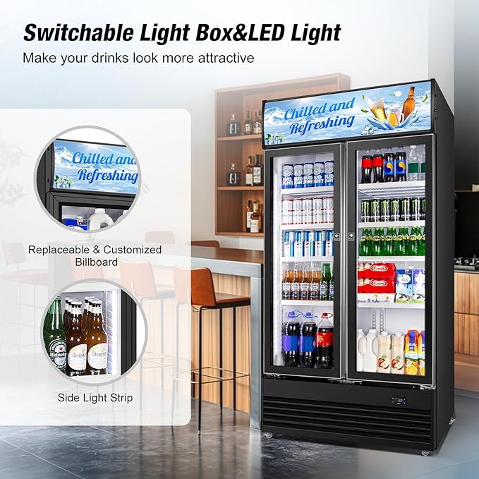 Commercial Beverage Refrigerator, 40 Inch 35 Cu.Ft. Commercial Drink Fridge, Display Refrigerator with Double Glass Door, Commercial Display Fridge with 8 Adjustable Shelves, for Shop,Restaurant,Bar-DeskLoop Office