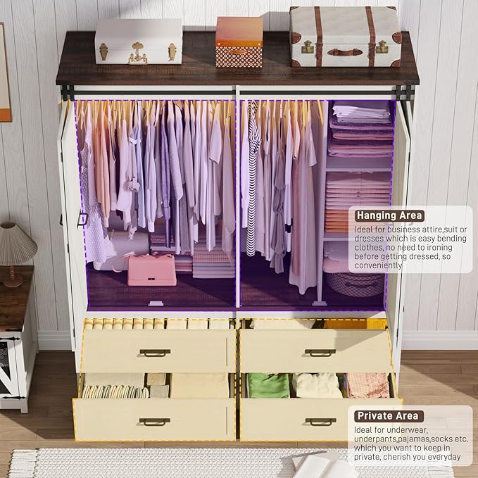 Farmhouse 4 Doors Armoire Wardrobe Closet w/Folding Sliding Barn Door and Lights, LED Armoire Closet w/Drawers for Bedroom, Freestanding Wooden Wardrobe Storage Closets w/Hanging Rod,Antique White-DeskLoop Office