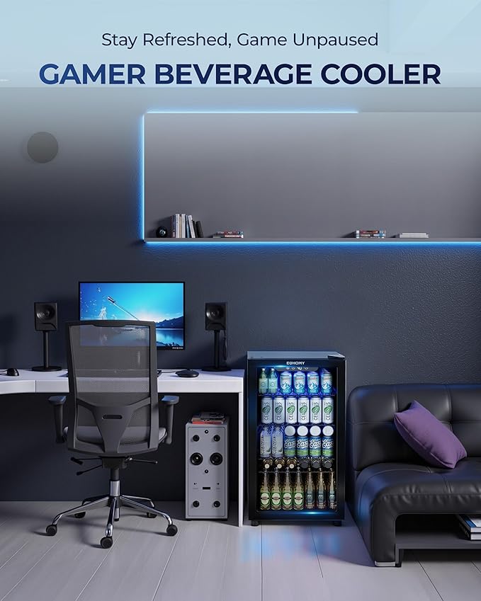 EUHOMY Beverage Refrigerator and Cooler, 128 Can Mini fridge with Glass Door, Small Refrigerator with Adjustable Shelves for Soda Beer or Wine, Home/Bar/Office, Black-DeskLoop Office