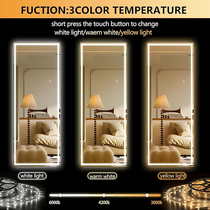 Hasipu Full Length LED Mirror with Lights, 56" x 18" Floor Standing or Wall Hanging Mounted, Full Body Dressing Mirror, Dimmable Tempered Glass, Square White-DeskLoop Office