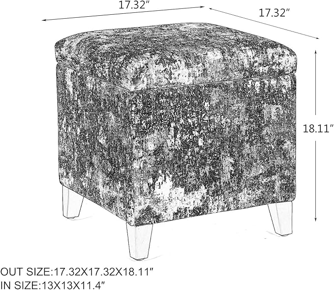Adeco 18 Inch High Cube Ottoman Storage, Linen Chair Foot Stools, Upholstered Vanity Stool with Hinged Lid, Solid Wood Legs-DeskLoop Office