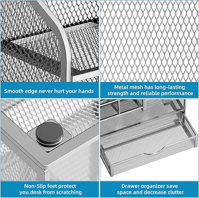 Marbrasse Mesh Pen Holder for Desk, Pen Organizer with Drawer, Multi-Functional Pencil Organizer, Desk Organizers and Accessories for Office Art Supplies (Silver)-DeskLoop Office