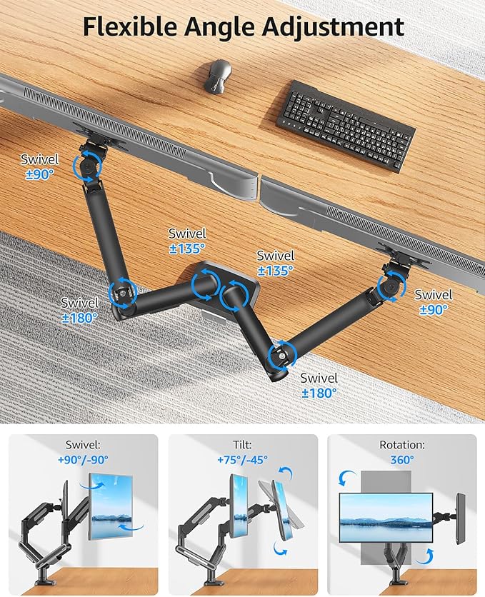 MOUNTUP Dual Monitor Mount Holds 4.4-26.5lbs, Heavy Duty Monitors Arm for 39 37 34 32 27inch, Gas Spring Monitor Stand for 2 Monitor, Height Adjustable Monitors Desk Mount with C-Clamp＆Grommet Base-DeskLoop Office