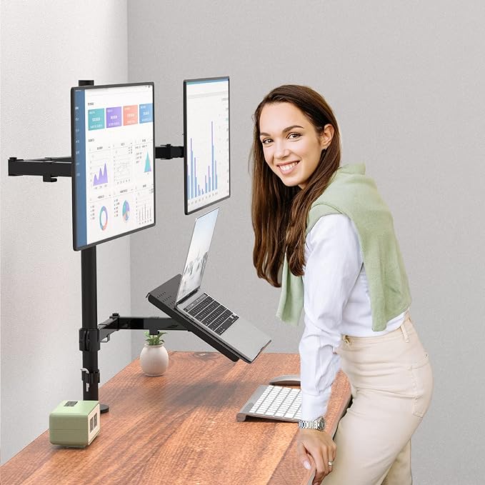 WALI Dual Monitor Stand, Laptop and Monitor Stand for 2 Screen 1 Laptop Notebook, Extra Tall Desk Mount for Monitor up to 27 inch, Notebook up to 17 inch (M002XLLP), Black-DeskLoop Office