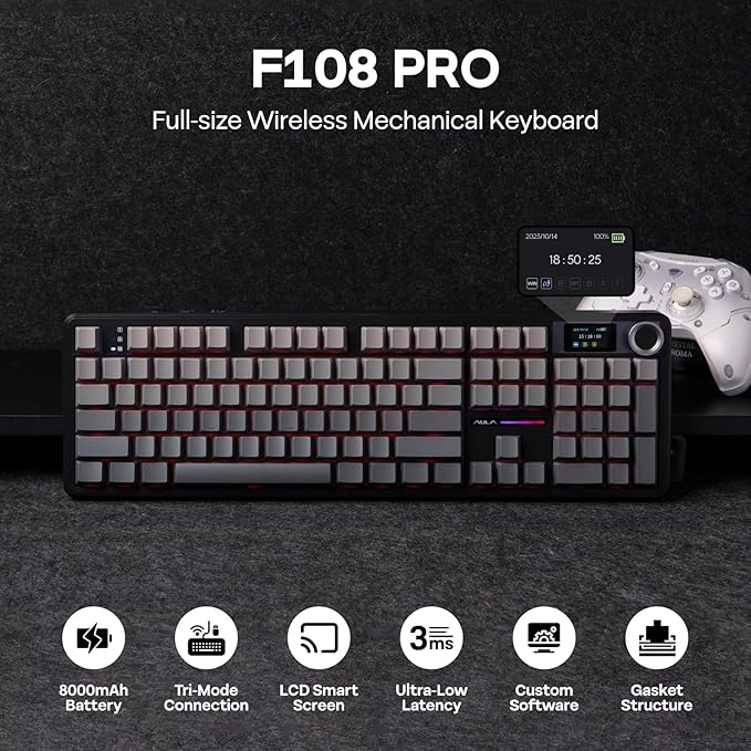 EPOMAKER X Aula F108 PRO Wireless Gaming Keyboard with Screen, 8000mAh Battery, 104 Hot-Swappable and Programmable Keys and Knob, RGB Backlight, for Mac/PC/Android (Black Gradient)-DeskLoop Office