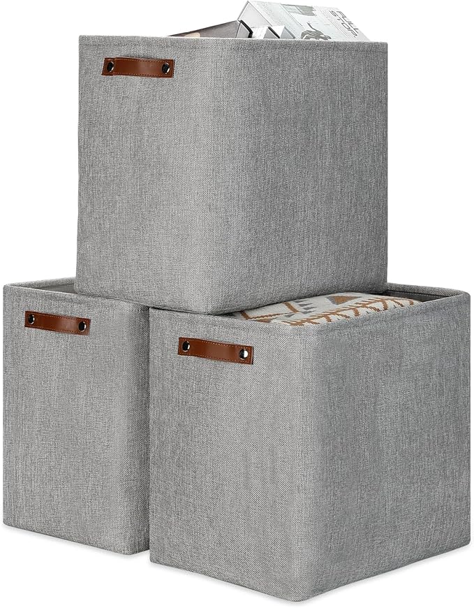 DULLEMELO Large Storage Baskets for Blankets Living Room 51L Canvas Storage Baskets for Organizing 3 Pack Collapsible Baskets Bins for Organizing Home Office with Handles (Grey)-DeskLoop Office