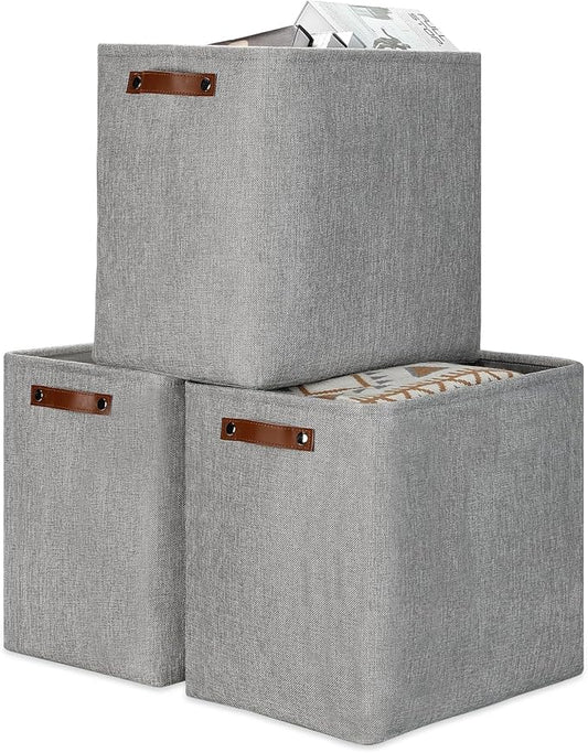 DULLEMELO Large Storage Baskets for Blankets Living Room 51L Canvas Storage Baskets for Organizing 3 Pack Collapsible Baskets Bins for Organizing Home Office with Handles (Grey)-DeskLoop Office