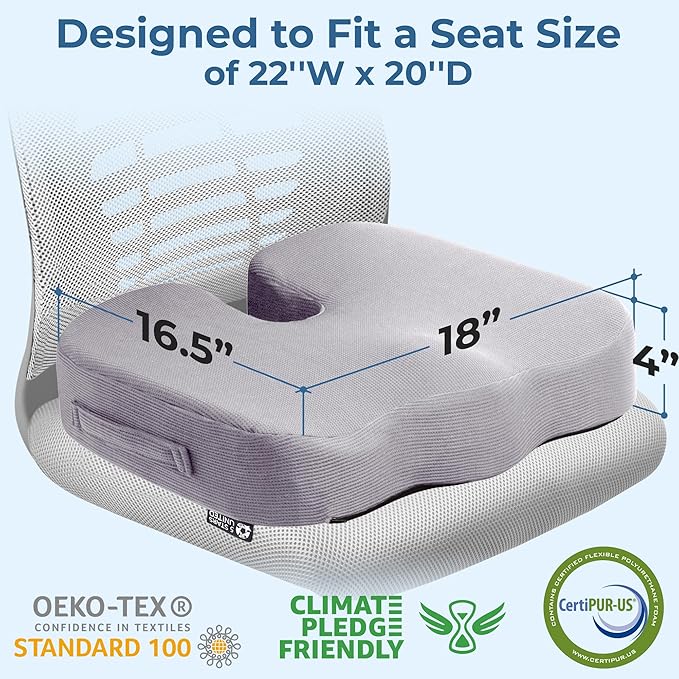 5 STARS UNITED Seat Cushion for Tailbone Pain Relief – Large Memory Foam Lifting Pillow for Coccyx, Hip, Sciatica & Post-Surgery Recovery – Wheelchair, Car, Desk, Gaming & Office Chairs, Light Gray-DeskLoop Office