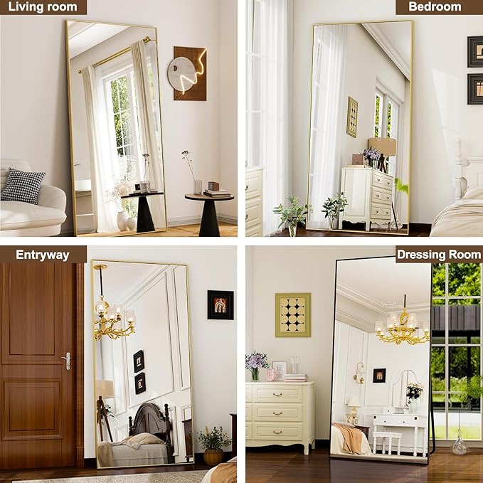 GLSLAND 76"x34" Full Length Mirror Extra Large Hanging or Leaning Rectangle Mirror Aluminum Alloy Thin Frame Bedroom Floor Dressing,Gold-DeskLoop Office