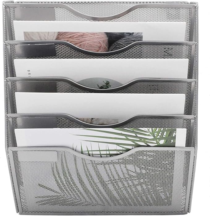 EASEPRES 5 Pocket Mesh Hanging Wall File Organizer, Wall Mounted Mail Paper Document Folder Holder, Clipboard Storage Organization Magazine Rack with Nametag Label for Office Home School, Silver-DeskLoop Office