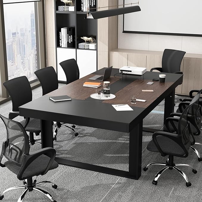 ECACAD 7FT Conference Table for 6-8 People, Large Rectangular Meeting Table, Modern Seminar Table for Office Meeting Conference Room, Black and Deep Brown (86.8”L x 47.2”W x 29.4”H)-DeskLoop Office