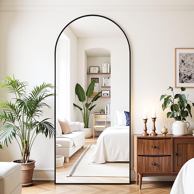 Full Length Mirror, 71"x32" Oversized Floor Mirror Freestanding, Full Body Mirror Floor Standing Mirrors with Stand, Hanging Mounted Mirrors for Bedroom Living Room, Black, Arched Style-DeskLoop Office