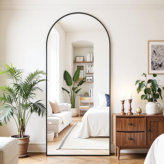 Full Length Mirror, 71"x32" Oversized Floor Mirror Freestanding, Full Body Mirror Floor Standing Mirrors with Stand, Hanging Mounted Mirrors for Bedroom Living Room, Black, Arched Style-DeskLoop Office