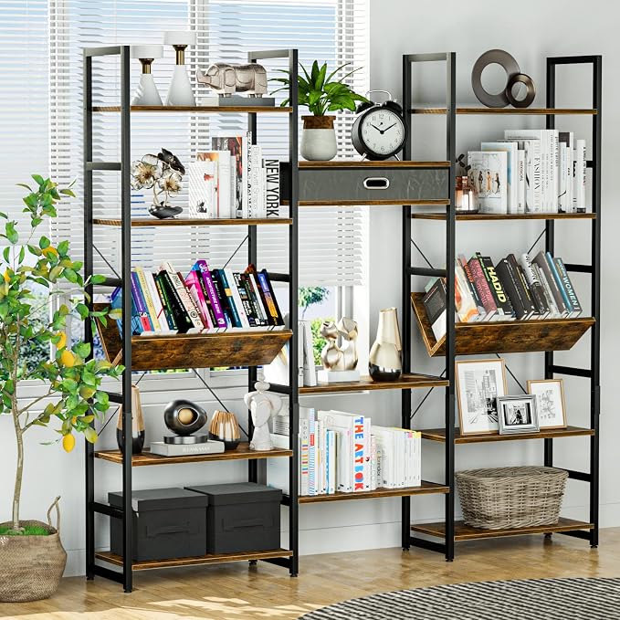 NUMENN Triple Wide 5 Tier Bookshelf, Adjustable Rustic Industrial Style Book - Image 2