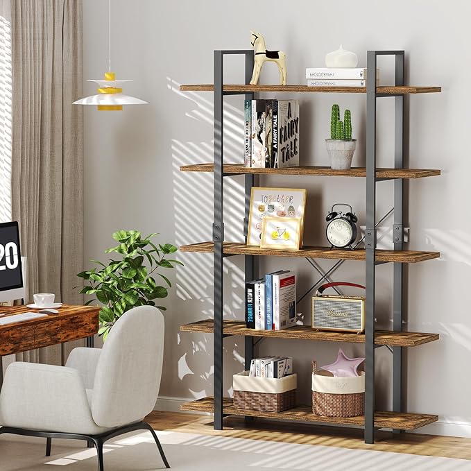 FRAPOW 5 Tier Bookshelf, 70 inch Tall Solid Bookcase Industrial Wooden Bookshelves Large Wall Etagere Rustic Vintage Book Shelf with Metal Frame Open Storage Rack for Living Room Home Office-DeskLoop Office