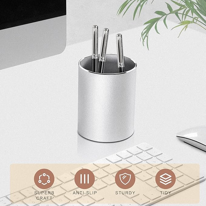 Vaydeer Metal Pen Holder Aluminum Pencil Holder for desk, Round Desktop Organizer and Silver Pencil Cup for Office, School, Home and Stationary Supplies (3.15 x 3.15 x 3.94 Inches)-DeskLoop Office