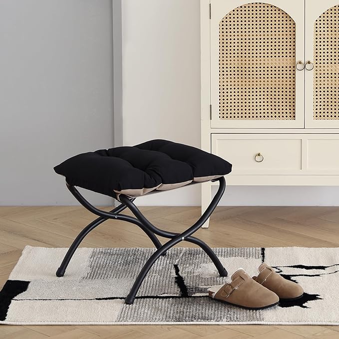 LITA Folding Upholstered Footrest Stool, Modern Small Portable Accent Ottoman with Detachable Thick Cotton Cushion Padded Sofa Stool with Metal Frame for Lazy Chair, Living Room & Bedroom, Black-DeskLoop Office