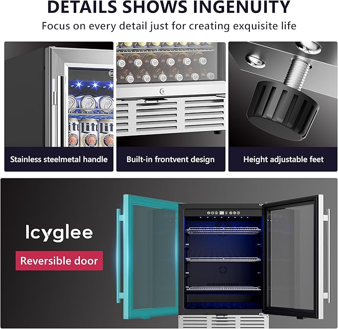 24 Inch Beverage Refrigerator, Beverage Cooler 180 Can Built-in Design, Under Counter Beer Fridge with Glass Door for Soda, Wine, Water - For Kitchen, Office or Bar-DeskLoop Office