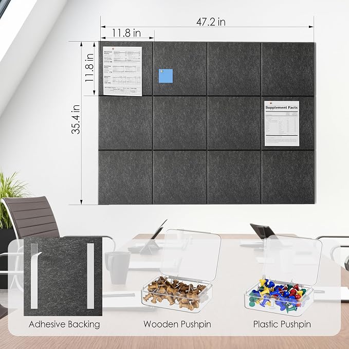 MaxGear Felt Bulletin Board 48" x 36", Dark Gray Felt Wall Tiles Wall Decor | - Image 5