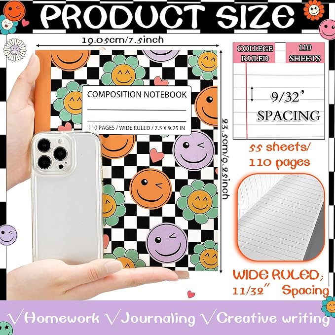 Fullhawl 6 Pcs Composition Notebook Wide Ruled Cute Preppy Black White - Image 2