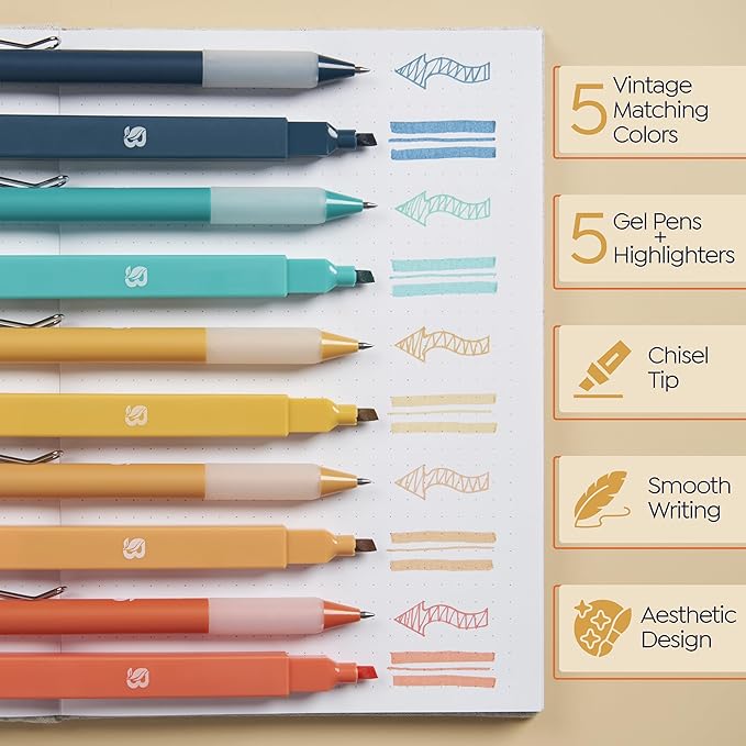 BLIEVE Aesthetic Highlighters and Gel Pens And Soft Tip, No Bleed Dry Fast Easy to Hold, for Bible Journaling Planner Notes School Office Supplies (Vintage)-DeskLoop Office