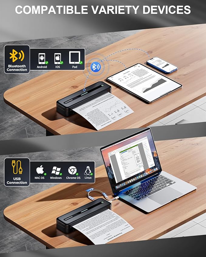 COLORWING Portable Printers Wireless for Travel, 300DPI Mini Compact Inkless Printer, Thermal Bluetooth Printer Compatible with Android and iOS Smartphone & Tablet & Laptop - Black-DeskLoop Office
