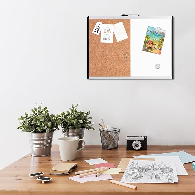 Amazon Basics Combo Magnetic Whiteboard&Cork Board for Home,Office and Classroom, Plastic/Aluminum Frame, White,Yellow, 17" x 23"-DeskLoop Office