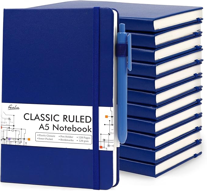 12 Pack Notebooks Journals Bulk with 12 Black Pens, Feela A5 Hardcover Notebook Classic Ruled Journal Set with Pen Holder for School Business Work Travel Writing, 120 GSM, 5.1”x8.3”, Navy-DeskLoop Office