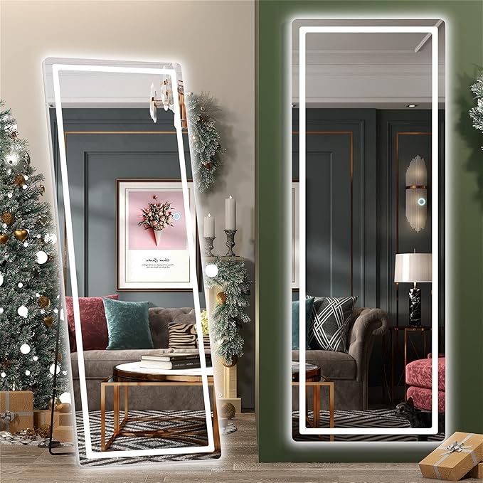 Hasipu Full Length Mirror with Lights, 65" x 22" LED Floor Mirror, Full Body Dressing Standing, Hanging Mounted Mirror for Living Room Bedroom Cloakroom, Round Black-DeskLoop Office